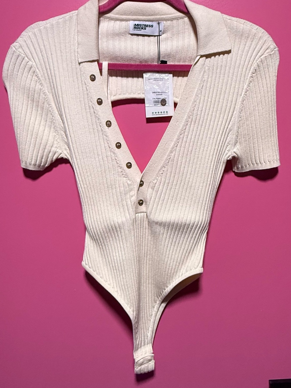 Mistress Rocks Cream Ribbed Polo button front Bodysuit - Picture 2 of 8